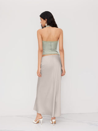Satin Mid Rise Ruffle Bias Maxi Skirt