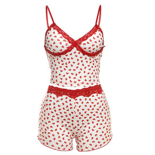 Sweetheart print v neck lace hem cami short pant set