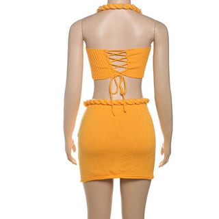 Halter knitted lace up beaded zip up mini skirt set