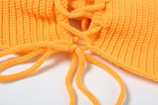 Halter knitted lace up beaded zip up mini skirt set