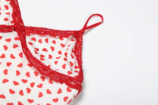 Sweetheart print v neck lace hem cami short pant set