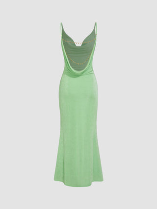 Cowl Neck Backless Chain Detail Cami Mermaid Maxi Dress