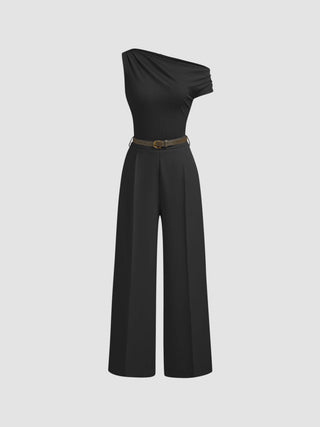 Asymmetrical Neck Ruched Jumpsuit With Belt