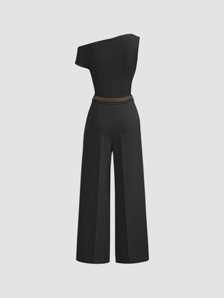 Asymmetrical Neck Ruched Jumpsuit With Belt