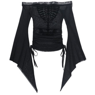 Long flared sleeve off shoulder mesh drawstring top