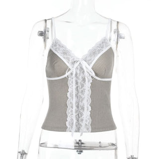 V neck lace hem self tie cami top