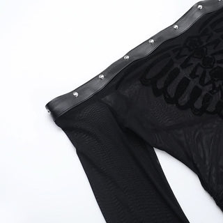 Long flared sleeve off shoulder mesh drawstring top