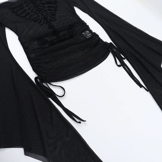 Long flared sleeve off shoulder mesh drawstring top