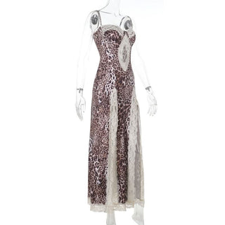 Leopard print lace hem hollow out high slit cami cut out maxi dress