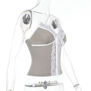 V neck lace hem self tie cami top