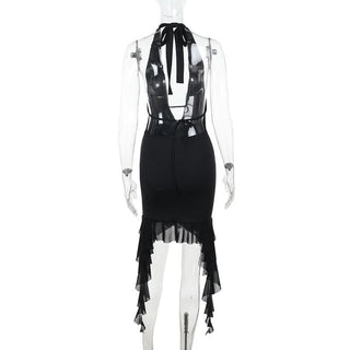 Halter v neck ruffle backless mini dress