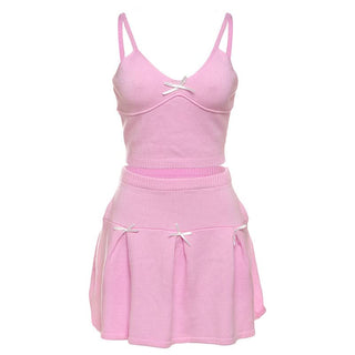 V neck bowknot knitted cami mini skirt set