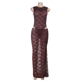 Crewneck sleeveless lace see through maxi skirt set