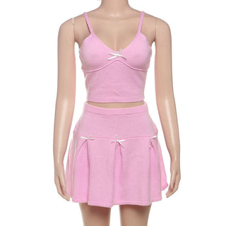 V neck bowknot knitted cami mini skirt set
