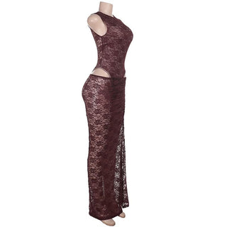 Crewneck sleeveless lace see through maxi skirt set