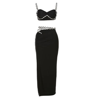 Hollow out ruched high slit cami maxi skirt set