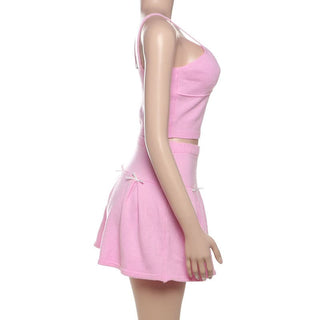 V neck bowknot knitted cami mini skirt set