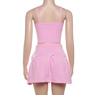 V neck bowknot knitted cami mini skirt set
