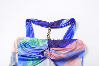 Halter hollow out contrast ruched cut out mini dress