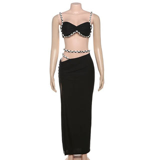Hollow out ruched high slit cami maxi skirt set