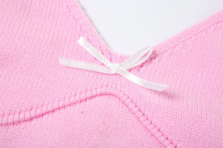 V neck bowknot knitted cami mini skirt set