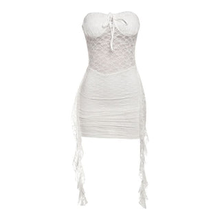 Self tie lace ruched ruffle mini dress