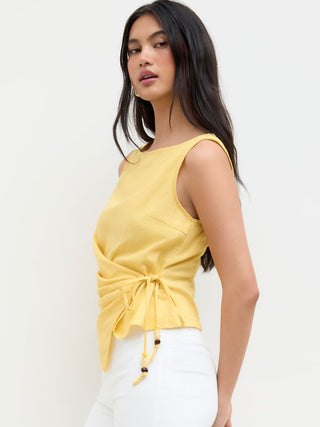 Linen-blend Beaded Knotted Ruched Tank Top