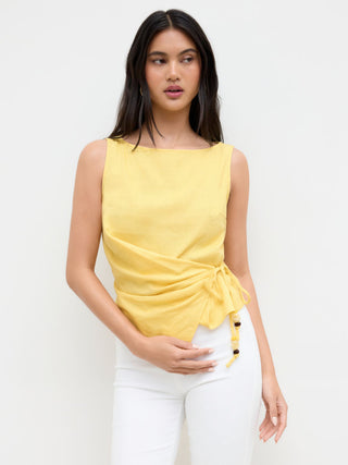 Linen-blend Beaded Knotted Ruched Tank Top
