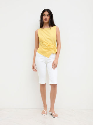 Linen-blend Beaded Knotted Ruched Tank Top