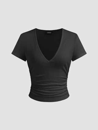 Cotton-blend V-neck Ruched Short Sleeve Tee