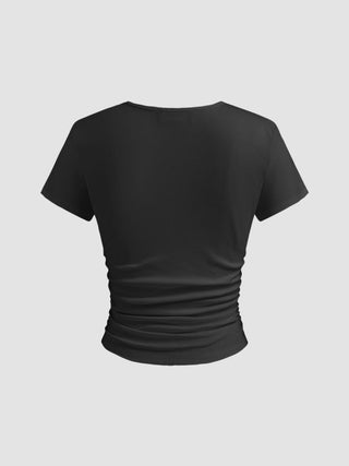 Cotton-blend V-neck Ruched Short Sleeve Tee