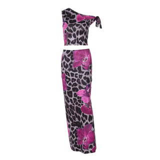 One shoulder flower leopard print maxi skirt set