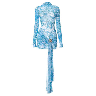 Long sleeve high neck mesh starfish applique mini dress
