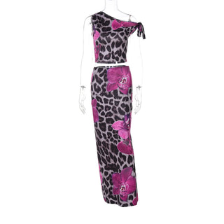 One shoulder flower leopard print maxi skirt set