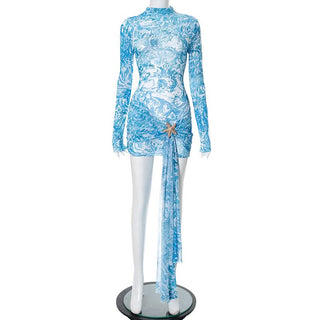 Long sleeve high neck mesh starfish applique mini dress