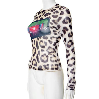 Leopard print mesh long sleeve top