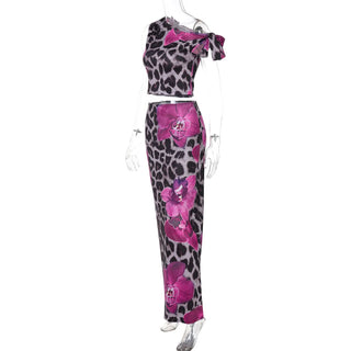 One shoulder flower leopard print maxi skirt set