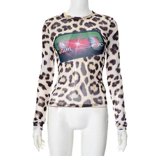 Leopard print mesh long sleeve top