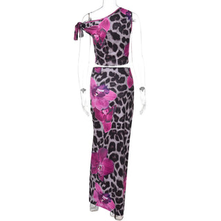 One shoulder flower leopard print maxi skirt set