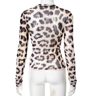 Leopard print mesh long sleeve top