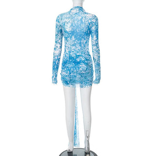 Long sleeve high neck mesh starfish applique mini dress