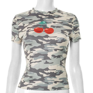 Camouflage short sleeve cherry print top