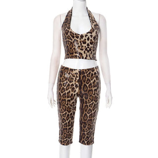 Halter glitter backless leopard print pant set