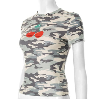 Camouflage short sleeve cherry print top