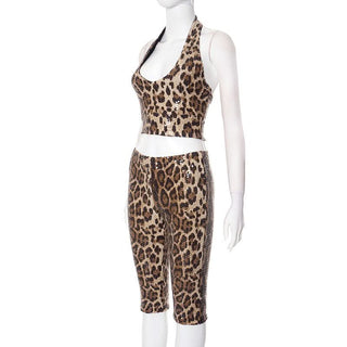 Halter glitter backless leopard print pant set