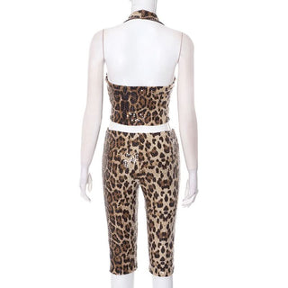 Halter glitter backless leopard print pant set