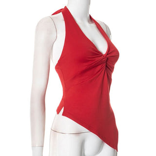 Halter v neck ruched self tie irregular top