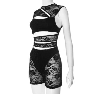 Hollow out lace zip-up romper