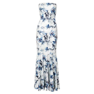 Flower print ruched ruffle tube maxi dress