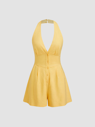 Linen-blend V-neck Button Bowknot Backless Romper